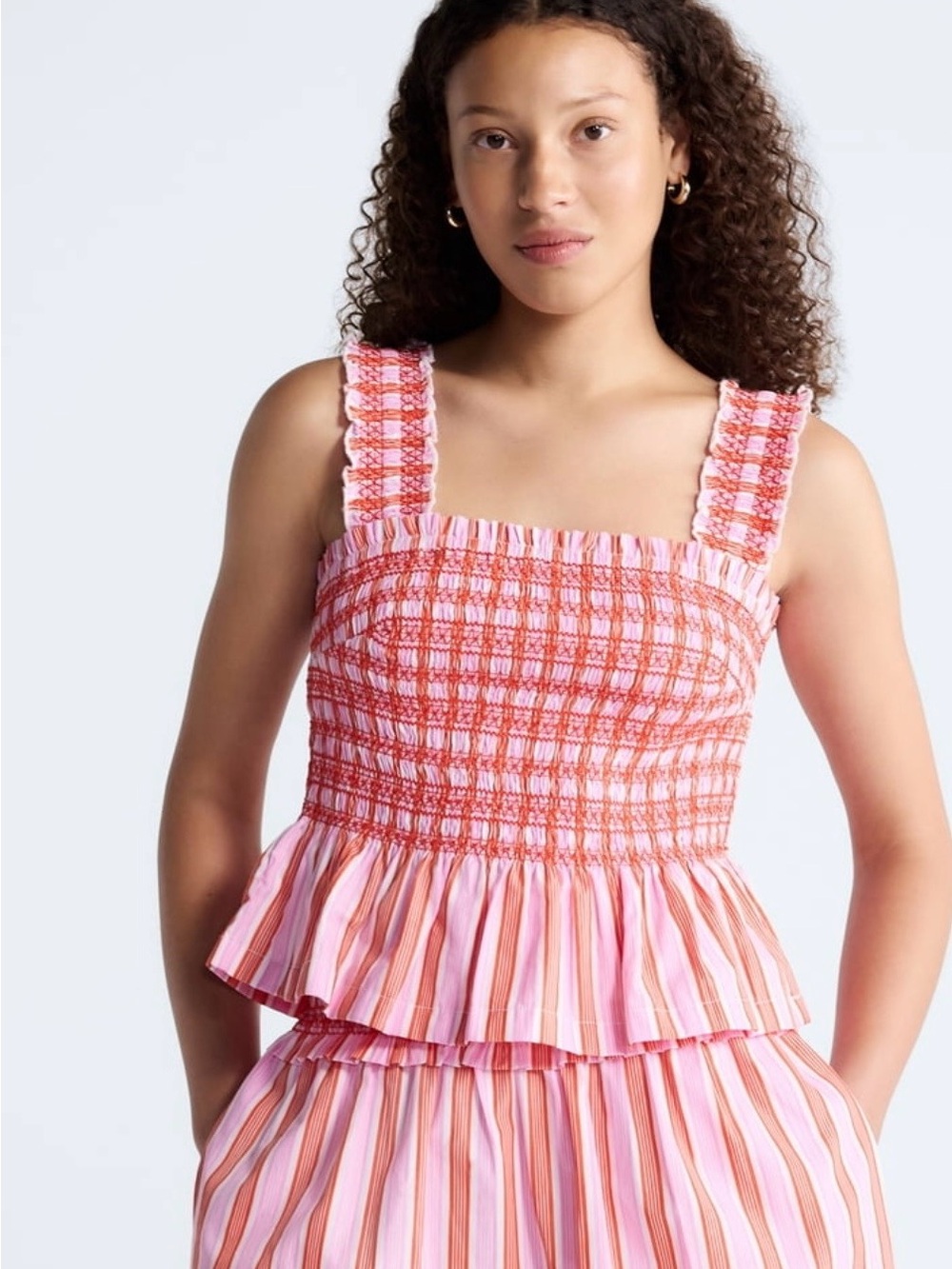 NWT Free Assembly Pink Smocked Ruffled Striped Tank Top